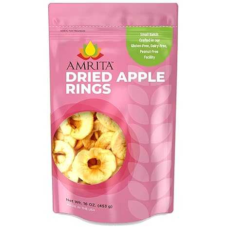 Amrita Dried Apple Rings 16 oz | No Sugar Added, Vegan, non-GMO, Gluten, Peanut, Soy and Dairy Free| Packed Fresh in Resealable Bags | Dehydrated Apples for Baking or Snacking