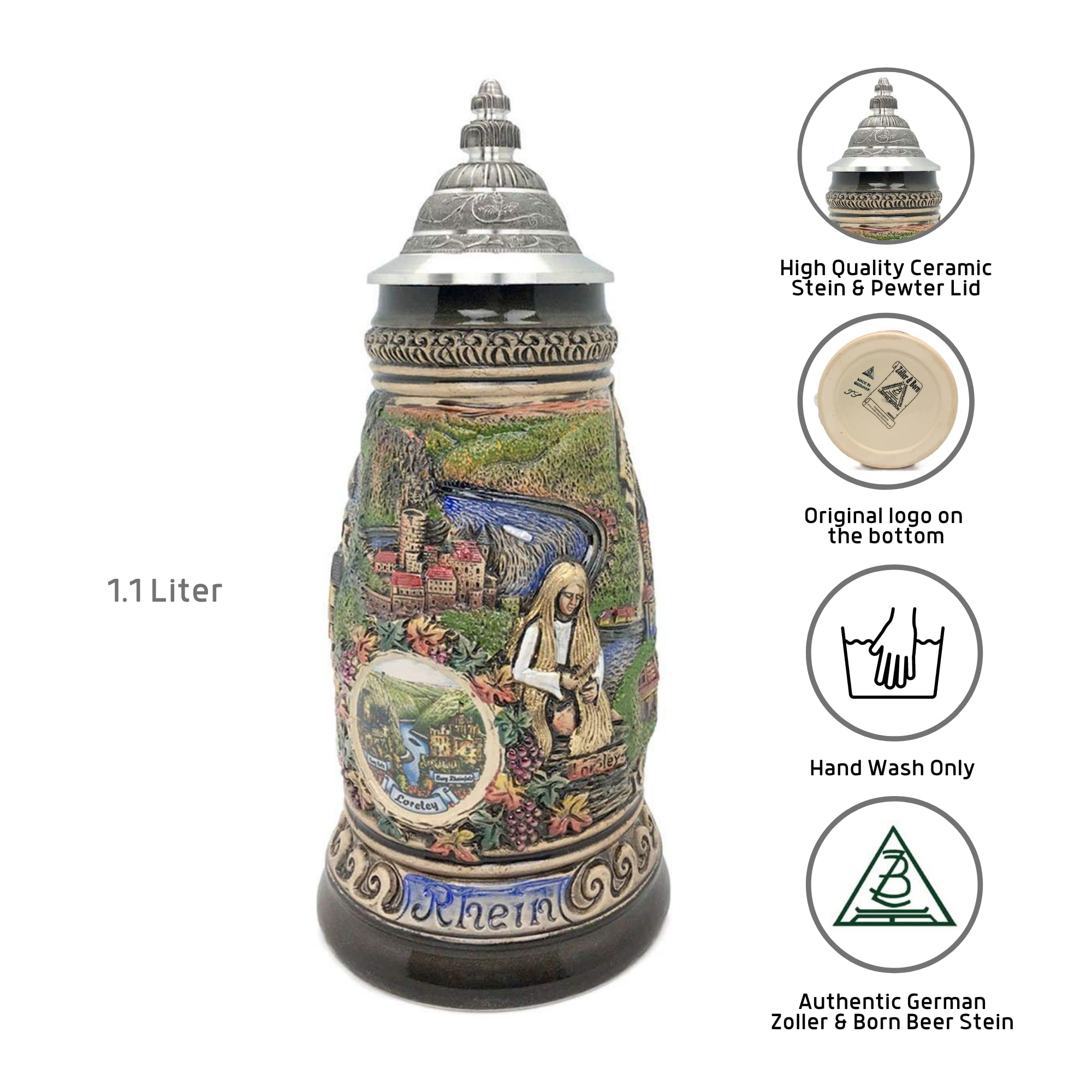 Rhein Panorama 1.1L Made In Germany Zoller & Born Beer Stein