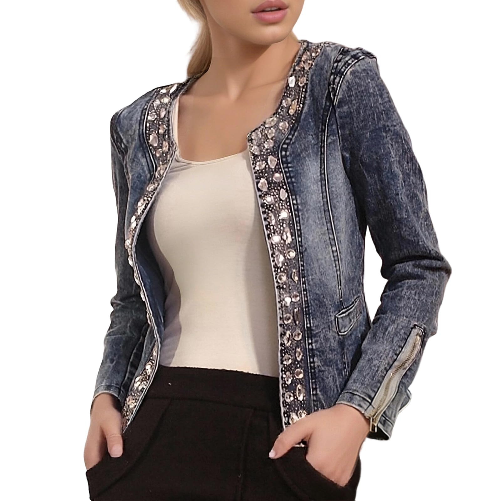 Chaqueta vaquera para mujer con diamantes de imitación, vintage, manga larga, abrigo vaquero con bolsillos, chaqueta corta de mezclilla estética ligera para mujer, ropa de calle moderna