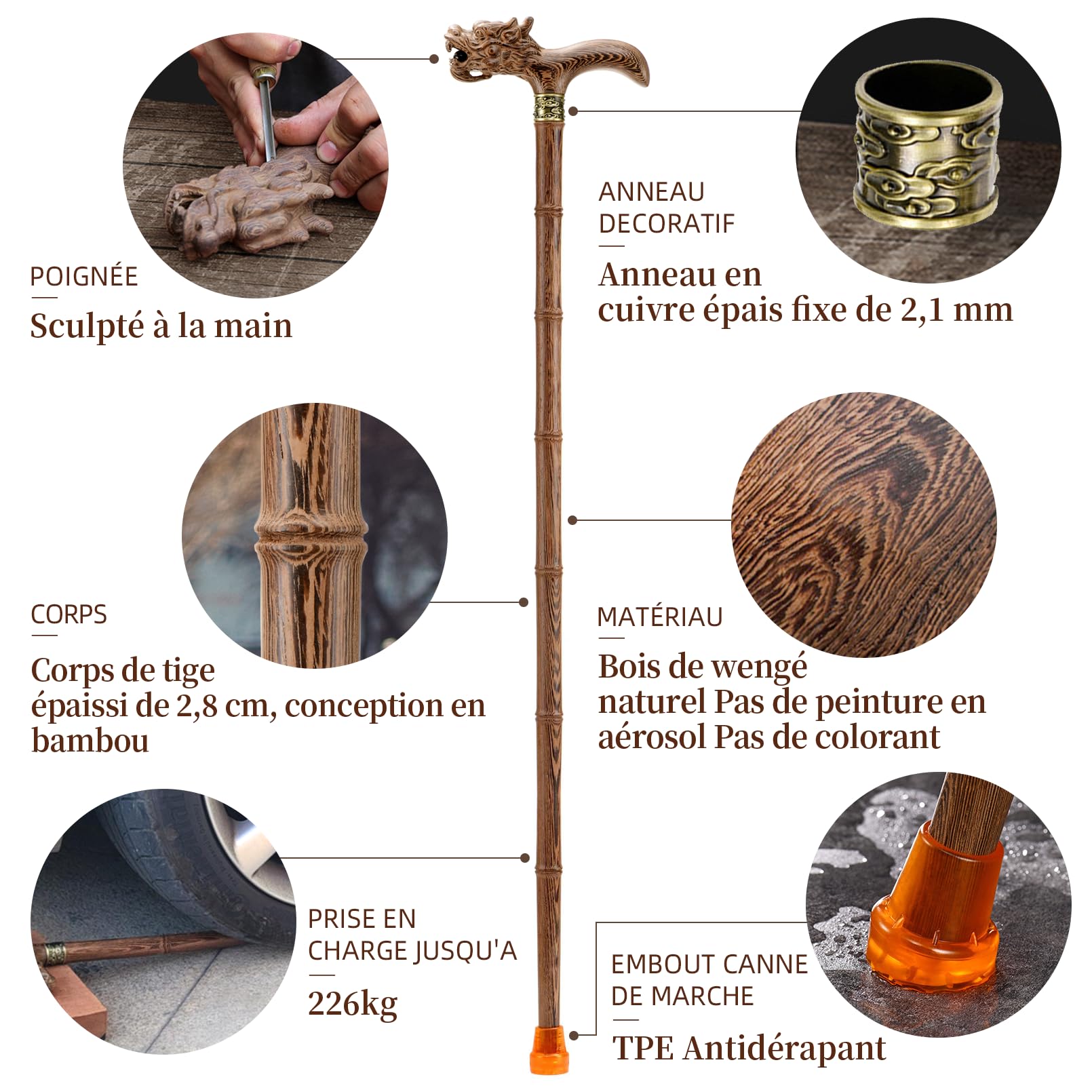 Canne de Marche en Bois sculptée à la Main de qualité supérieure pour Homme et Femme - Design léger - Peut Supporter jusqu'à 226 kg - Bâtons pour Personnes âgées - Convient pour Offrir
