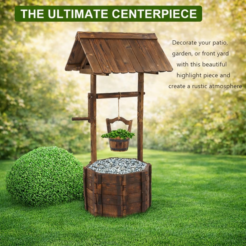 Wooden Wishing Well with Hanging Bucket, Outdoor Rustic Wishing Well Planter for Flowers and Plants, Well Covers for Yard, Garden Decor for Outside