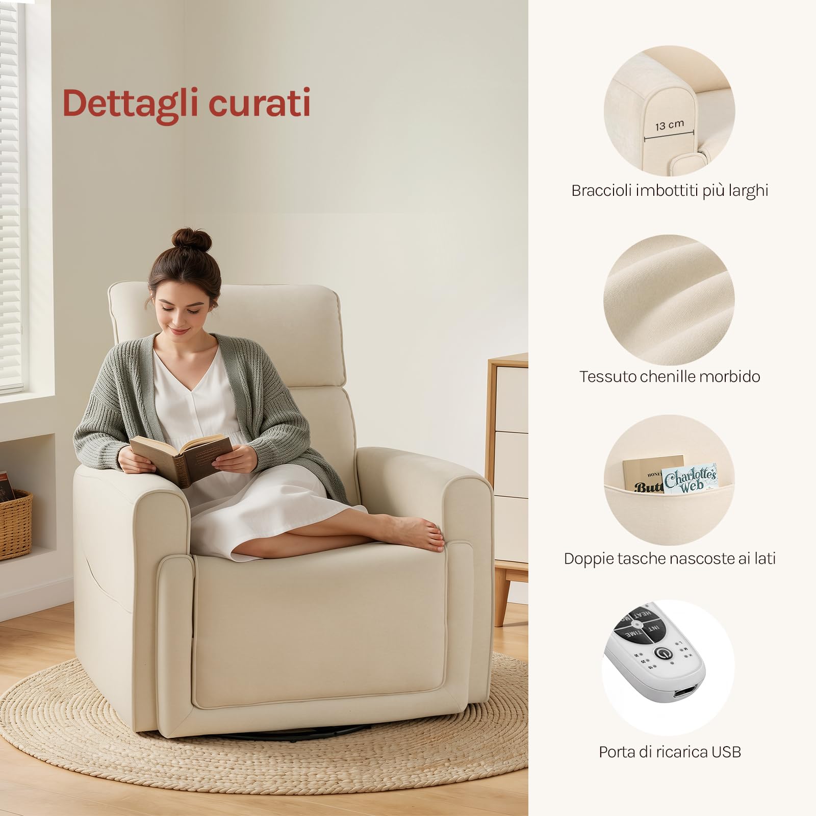 WOLTU Poltrona Reclinabile Massaggiante con Funzione Riscaldamento, Sedia Ergonomica, Girevole e Oscillante, con Poggiatesta, Tasche Laterali e Porta USB, per Soggiorno, Camera da Letto, Beige