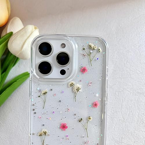 Miniatura 4 de Funda transparente para iPhone 16 Pro Max con diseño de flores reales prensadas, con purpurina, bonito patrón floral rosa, delgada, suave, funda