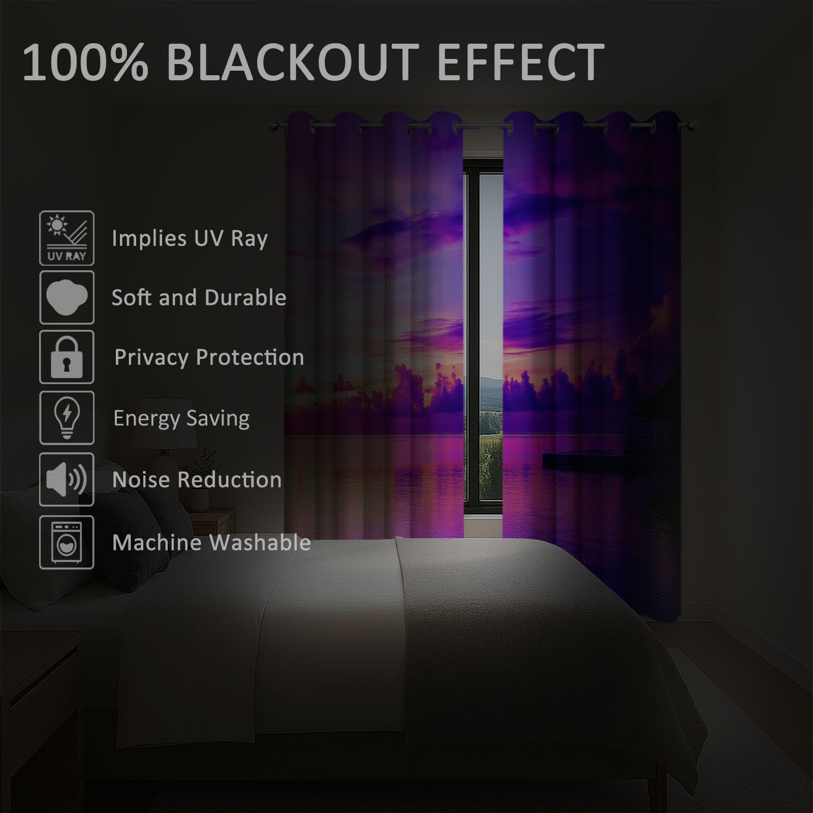 Rideau Occultant Paysages Naturels Nuages Et Ciel, Rideaux Isolant Thermiques et Phonique - Draperies Oeillets Anti Froid Violet pour Salon Chambre Fenêtre Décoration 110L x 215H cm 2 Panneaux