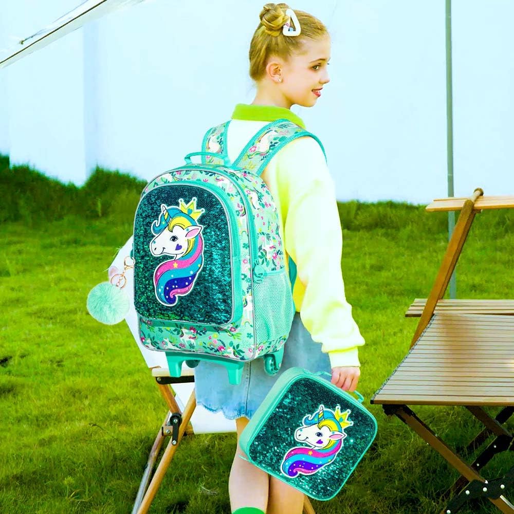 AGSDON 3PCS Rolling Backpack for Girls Boys, Kids Roller Wheels Bookbag, Wheeled School Bag with Lunch Bag - Image 7