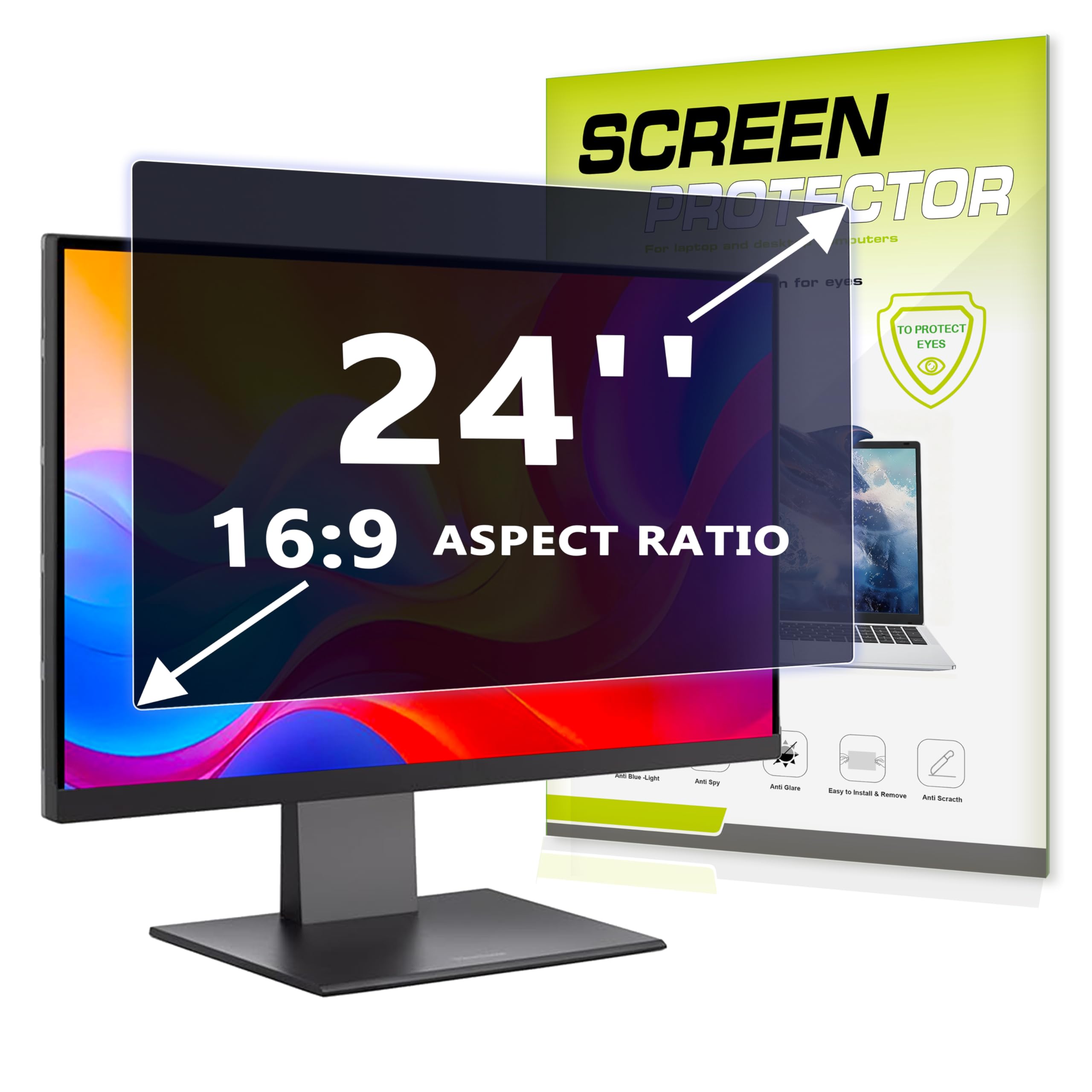 YongMai 24 Inch Computer Privacy Screen Filter, 16:9 Anti-Spy Blocker with Nano Adhesive Tape, No Bubbles Easy Install, Anti-Glare Eye Protection Scratch Resistant Film for Widescreen Monitor
