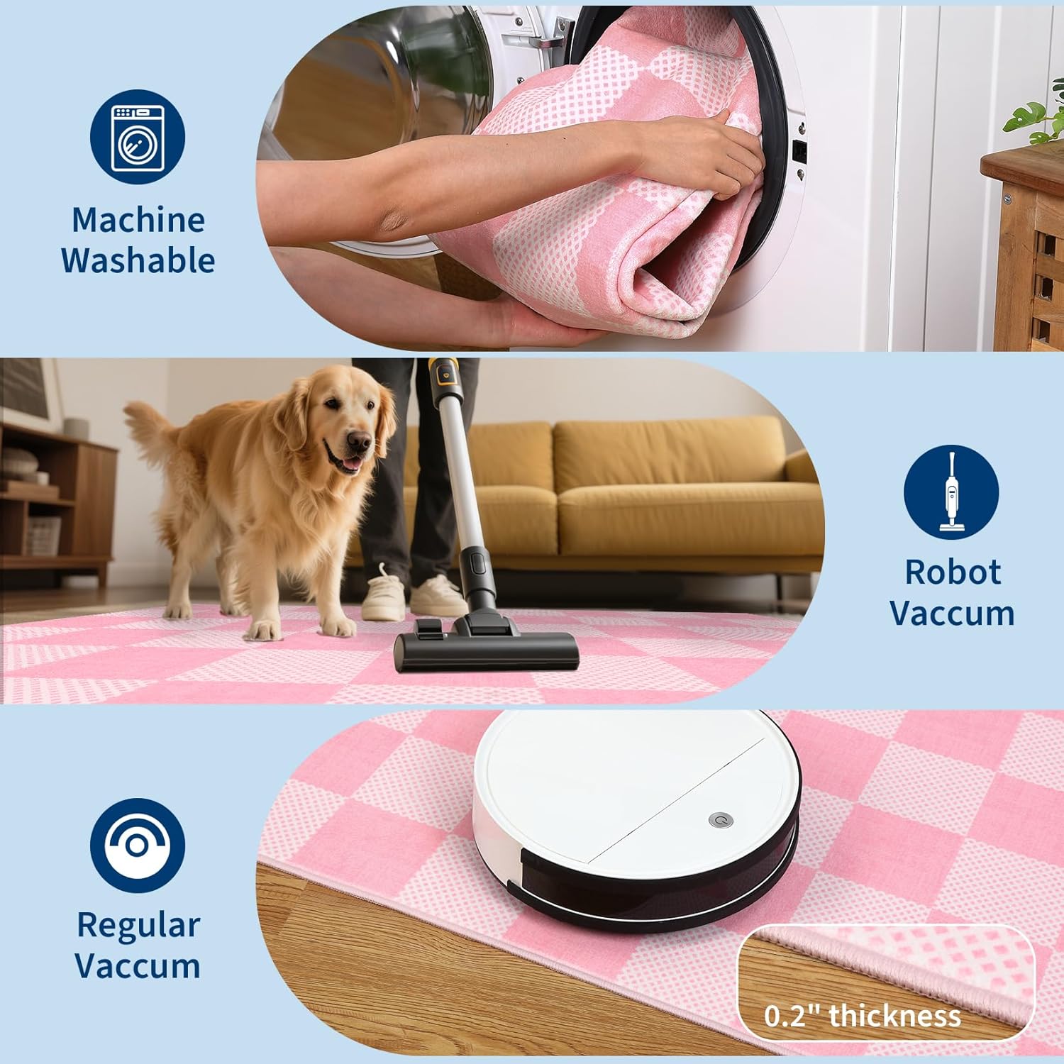 Checkered Blush Pink and White 5x7 Washable Rug Geometric Diamond Dot Modern Soft Low-Pile Girls Rug for Bedroom Nursery Living Room Entryway Non-Slip TPE Backing - Image 5