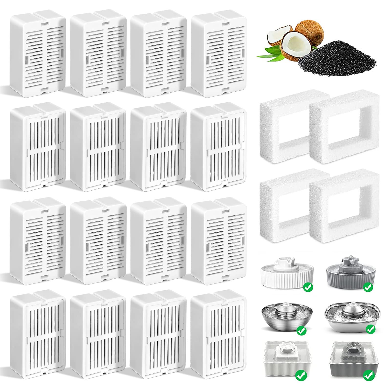 16 Pack Replacement Filters for 360° CupCake Ceramic Pet Fountain, GISOFIK Cat Water Fountain Filter, Triple Filtration Pet Fountain Filter, Ceramic Cat Fountain Filters with 4 Foam Sponges