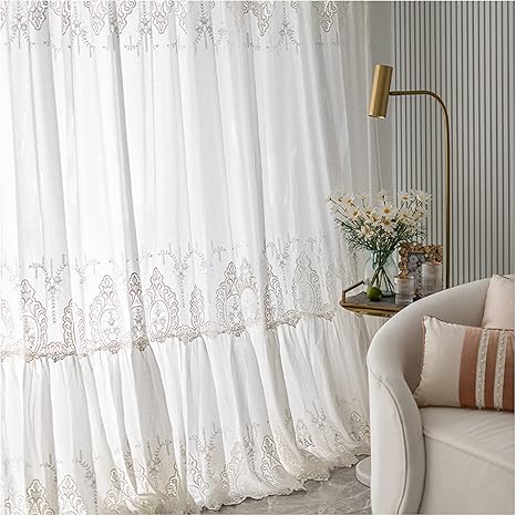 Amazon 北欧風 レースカーテン 白い 遮光 花柄 おしゃれ 姫系 刺繍 レース フリルカーテン 目隠し効果 寝室 客間 女の子 部屋飾り Size W100xh1cm W39 H47inch レースカーテン オンライン通販