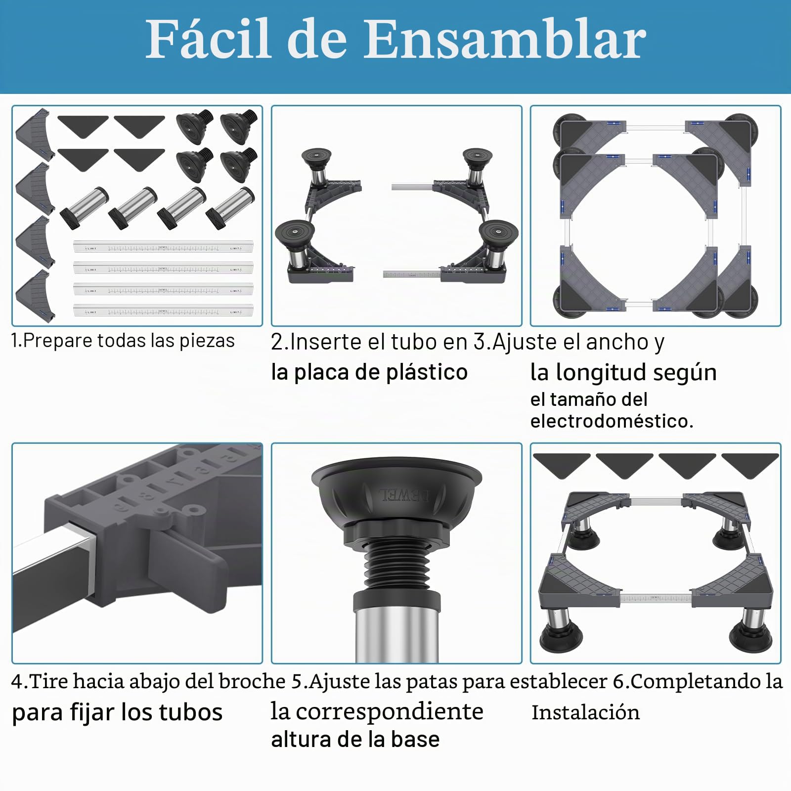 DEWEL Base Lavadora, Soporte para Lavadora Secadora Frigorífico con 4 Pies de Acero Inoxidable, Base Elevador Lavadora Ajustable Ancho/Longitud 45-65cm, Altura 15-18cm, Carga 250kg (Gris)