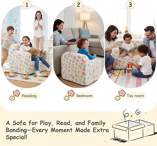 Miniatura 52 de Tiita Silla para niños, cómodo sofá plegable para niños, sofá ligero para niños con asa de transporte y bolsillos laterales, reposabrazos de espuma