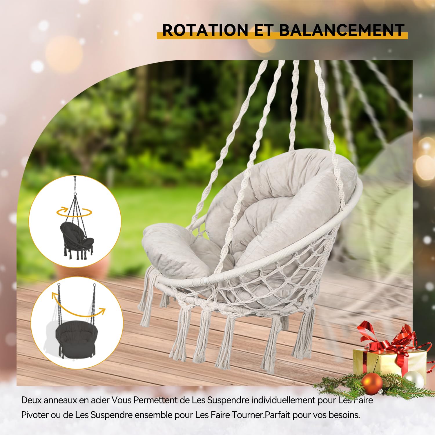 Bathonly Fauteuil Suspendu, Capacité 150 kg, Chaise Coton avec Coussin, Chaise Pivotante en Macramé, Faite à la Main avec Kits de Matériel de Suspension, Bohème, Jardin, Intérieur, Extérieur, Beige
