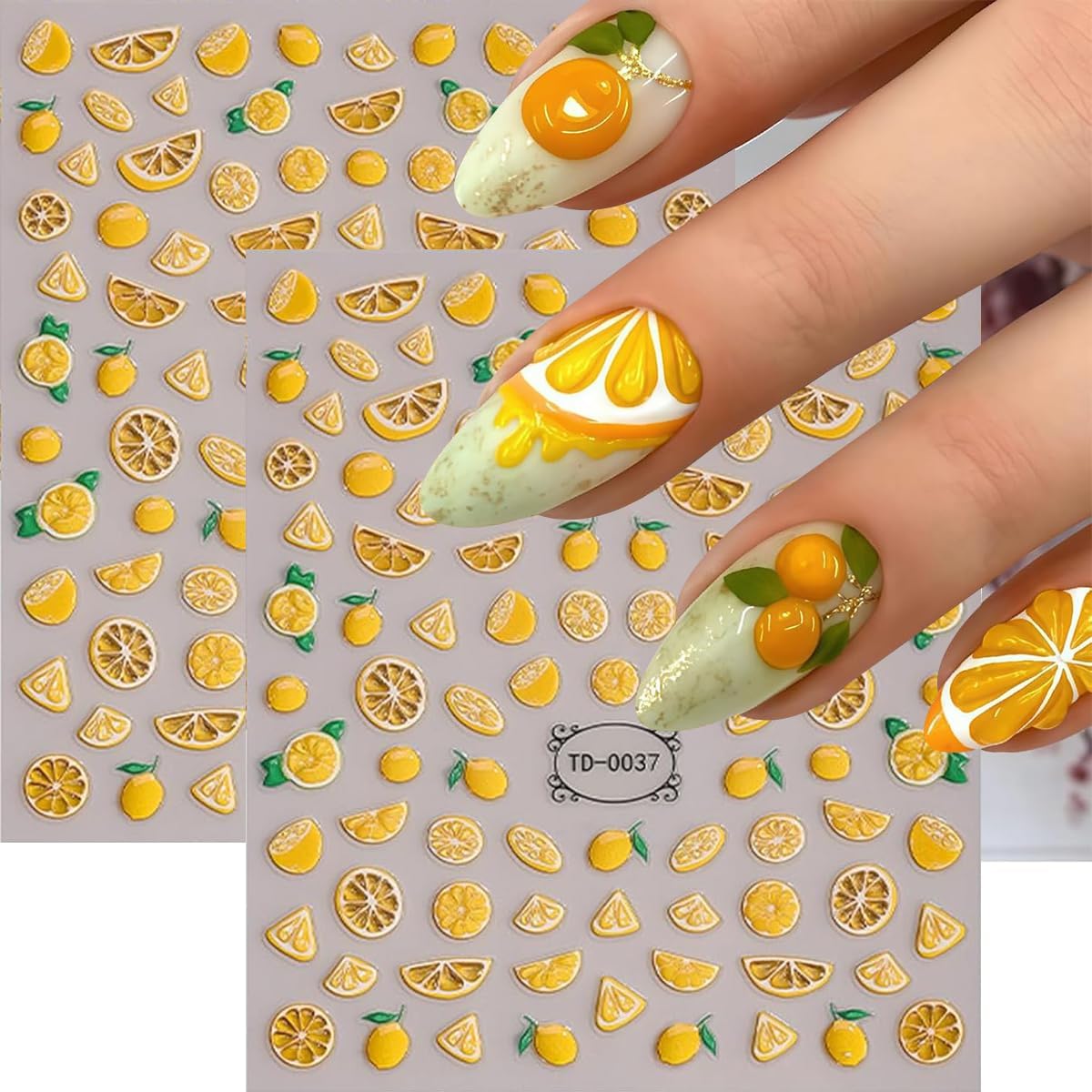 Lemon Nail Art Stickers Decals 5D Embossed Summer Fruit Nail Stickers Yellow Jelly Lemon Nails Design Cute Fruit Self-Adhesive Nail Decals Nail Art Supplies for Women DIY Nail Decoration 2PCS image 4
