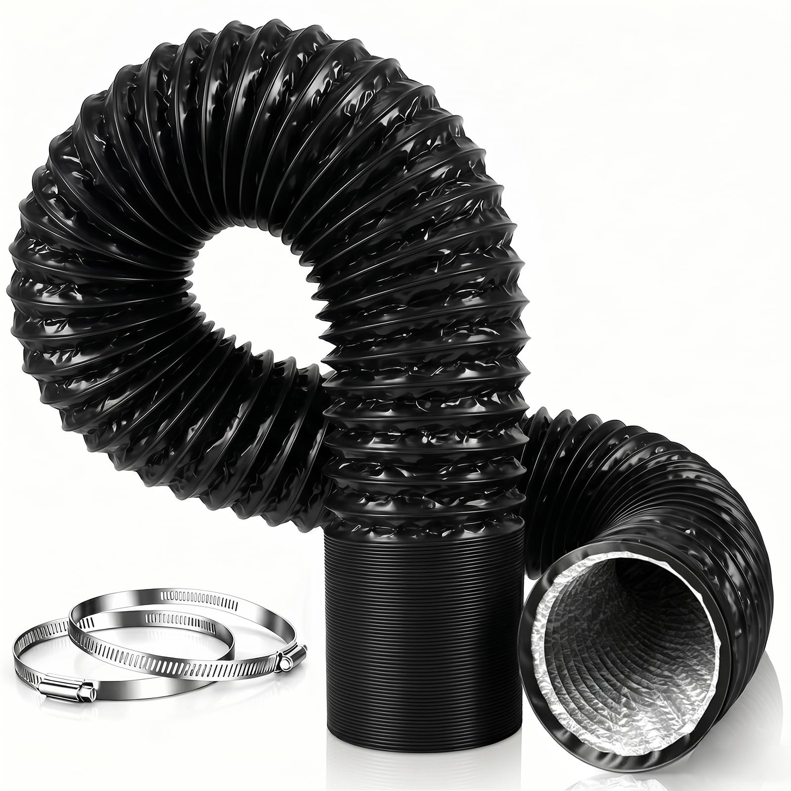 150mm Flexible Ducting 3m Heavy-Duty 4 Layer Protection PVC Air Conditioner Hose with 2 Clamps for Extractor Fan, Grow Tents, Tumble Dryer, Cooker Hood Black