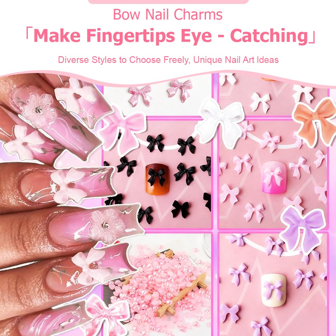 Set Charms Ongles 12 Compartiments, 3D Noeud Papillon en Résine+Perles/Cœur/Fleur, avec Crayon de Cire & Pince à Strass, Bijoux Ongles