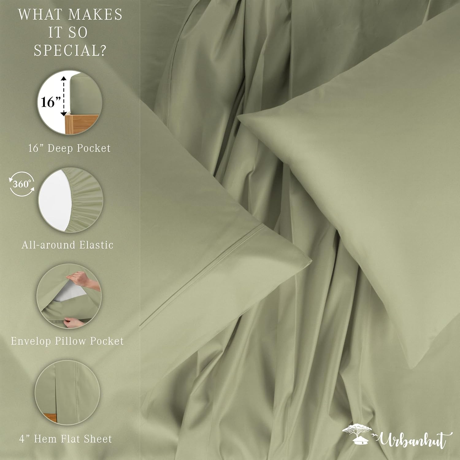 URBANHUT 700 Thread Count 100% Cotton Sheets Queen Size, 4Pc Sheet Set Luxury Bed Sheet for Queen Size Bed, Sateen Weave Hotel Sheets, Better Than Egyptian, 16'' Elasticized Deep Pocket - Sage - Image 5