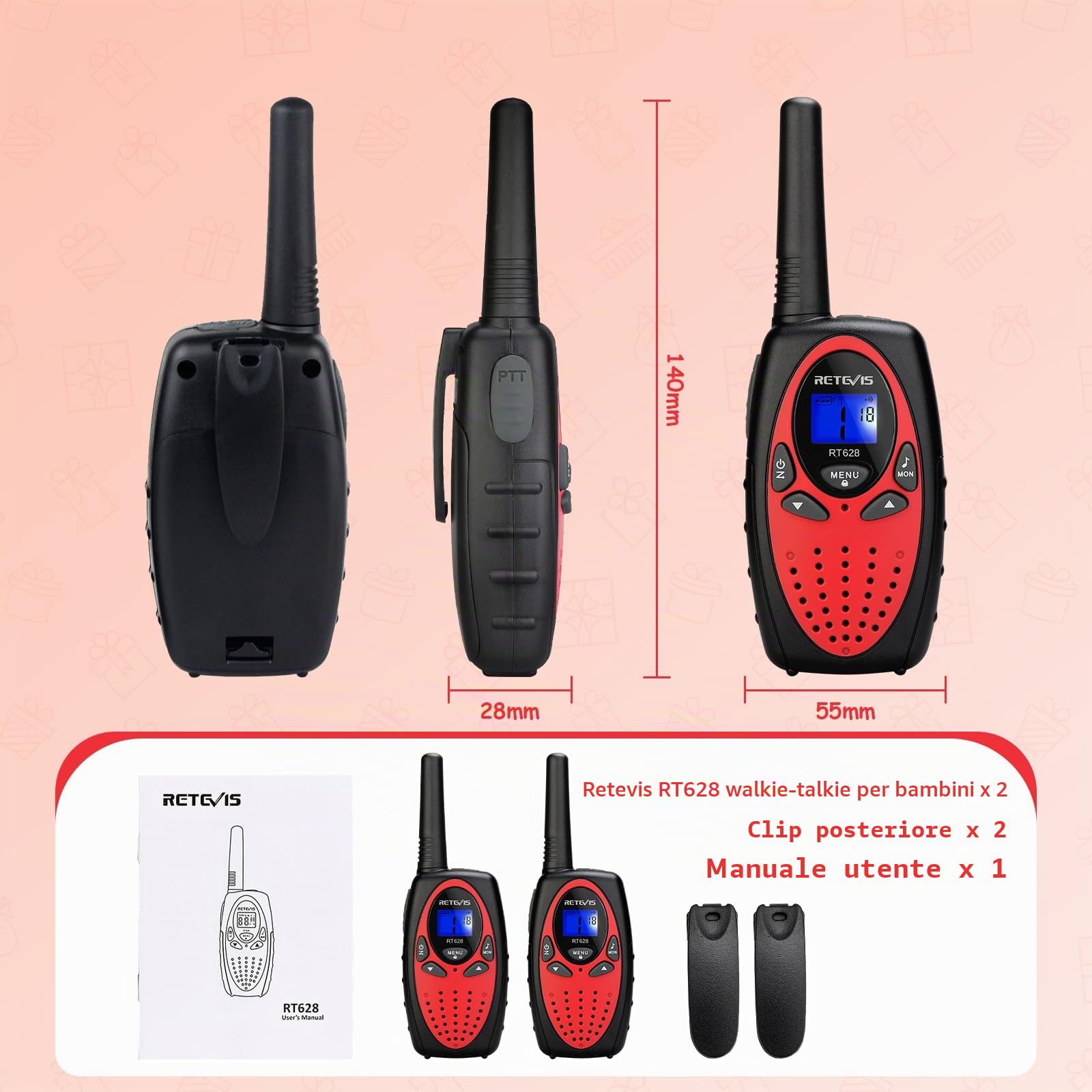 Retevis RT628 Walkie Talkie Bambini, Regalo Giocattolo con VOX a Lungo Raggio per Compleanno e Vacanze, Facile da Usare, Walkie-Talkie per Campeggio Escursionismo e Avventura (1 Coppia, Rosso)