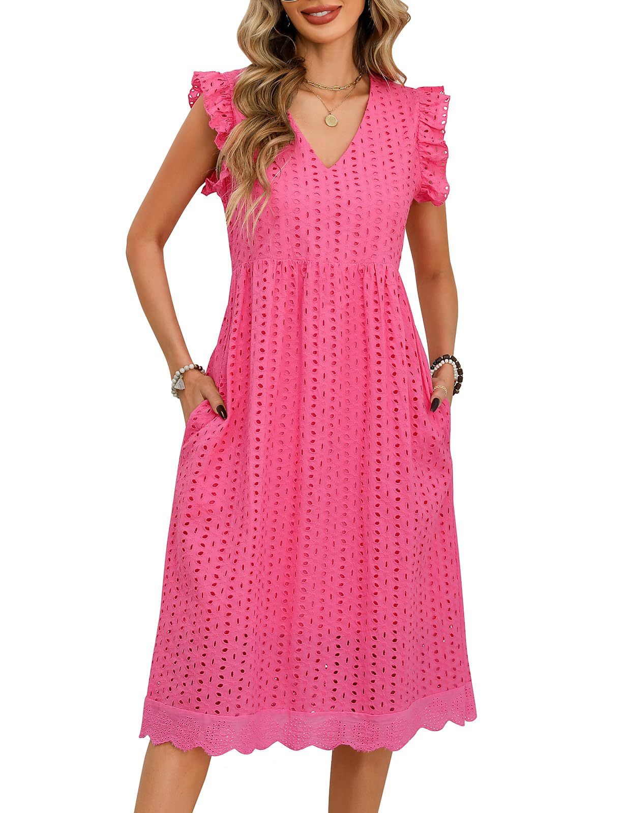 Sommerkleid Damen Lang V Ausschnitt Baumwolle Kleider Sommer Leicht A-Linien-Midikleid Freizeitkleid Damenkleider Lockeres Strandkleid mit Tasche