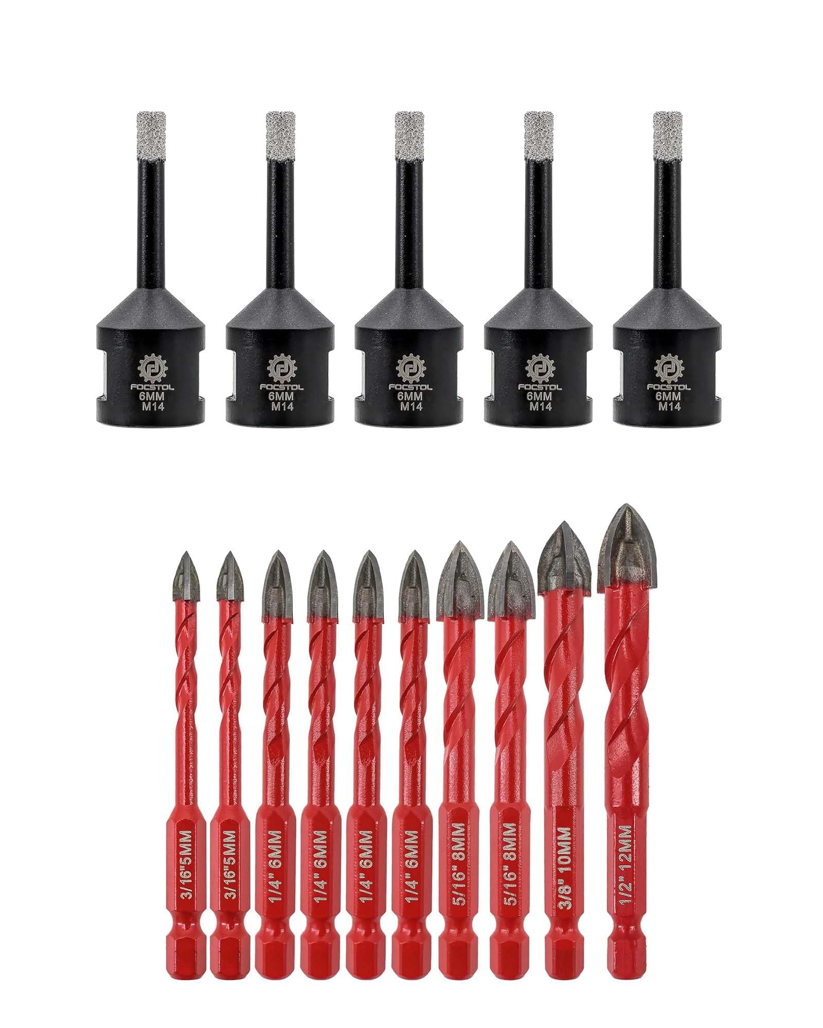 FOCSTOL Juego Brocas Seco 10 piezas (5mm*2+6mm*4+8mm*2+10mm+12mm) y Brocas Diamante 5 piezas 6mm Corona Diamante