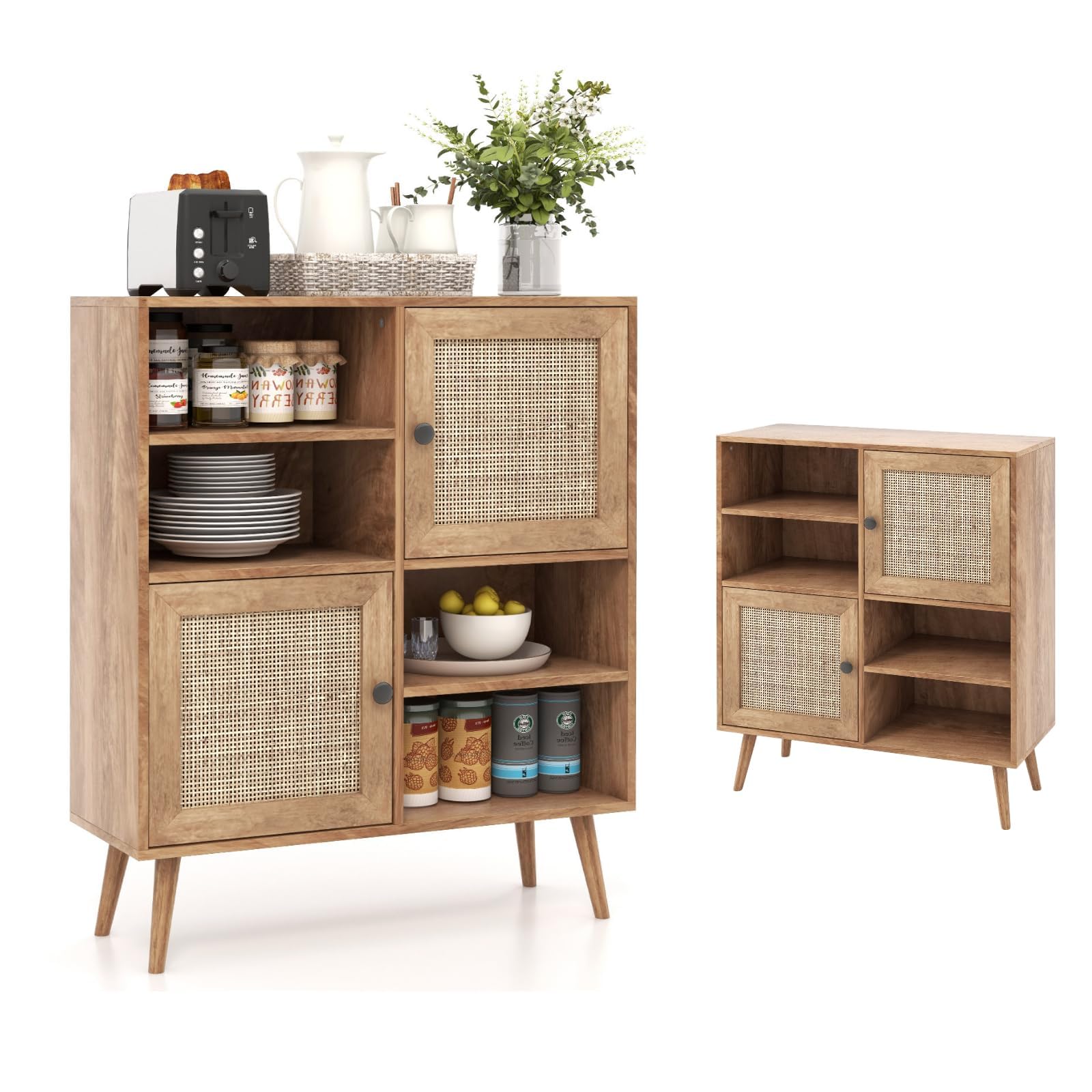 KOMFOTTEU Aparador de Cocina con Puertas de Ratán y 4 Estantes Abiertos | Armario Auxiliar de Madera, Mueble Buffet con Almacenamiento para Comedor y Salón, 80 x 29,5 x 97 cm