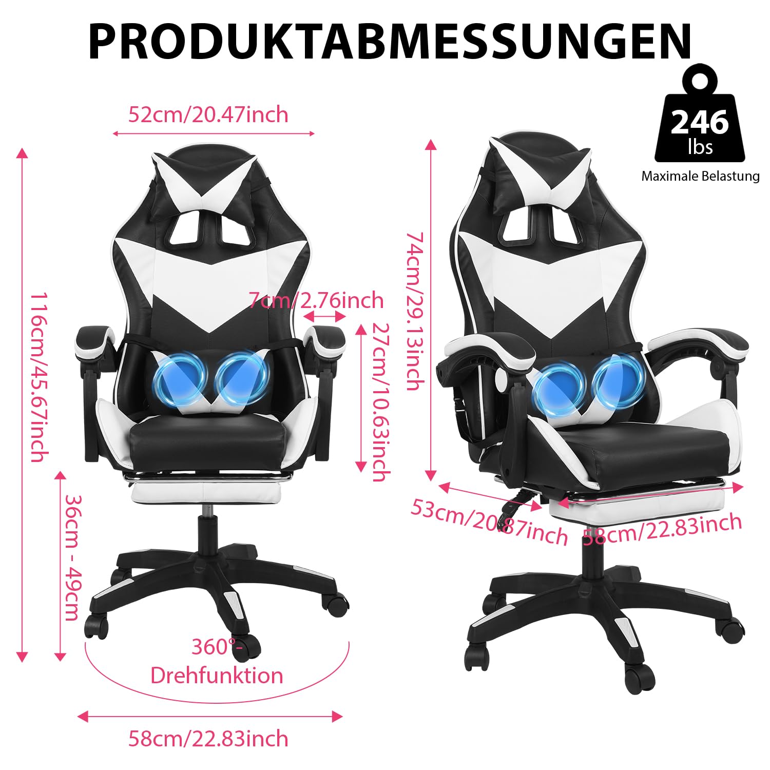Chaise Gaming Ergonomique Massage à 2 Points, Fauteuil de Bureau avec Repose-Pieds, Appui-Tête & Lombaire Réglables, Capacité de Charge de 150 kg, Noir+Blanc