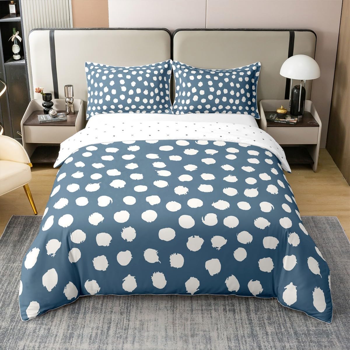 Erosebridal Brush Stroke 100% Cotton Bedding Set Full Size Bohemian Bedclothes for Kids Teens Adults Polka Dots Farmhouse Blue Comforter Cover Soft Comfy Duvet Cover