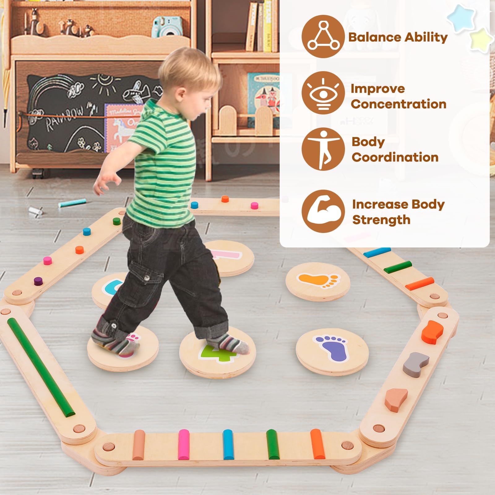 Trave Equilibrio in Legno per Bambini con 6 Pietre di Equilibrio, Giocattolo Montessori per Allenamento Dell'equilibrio per Interni ed Esterni per lo Sviluppo della Coordinazione e Della Stabilità