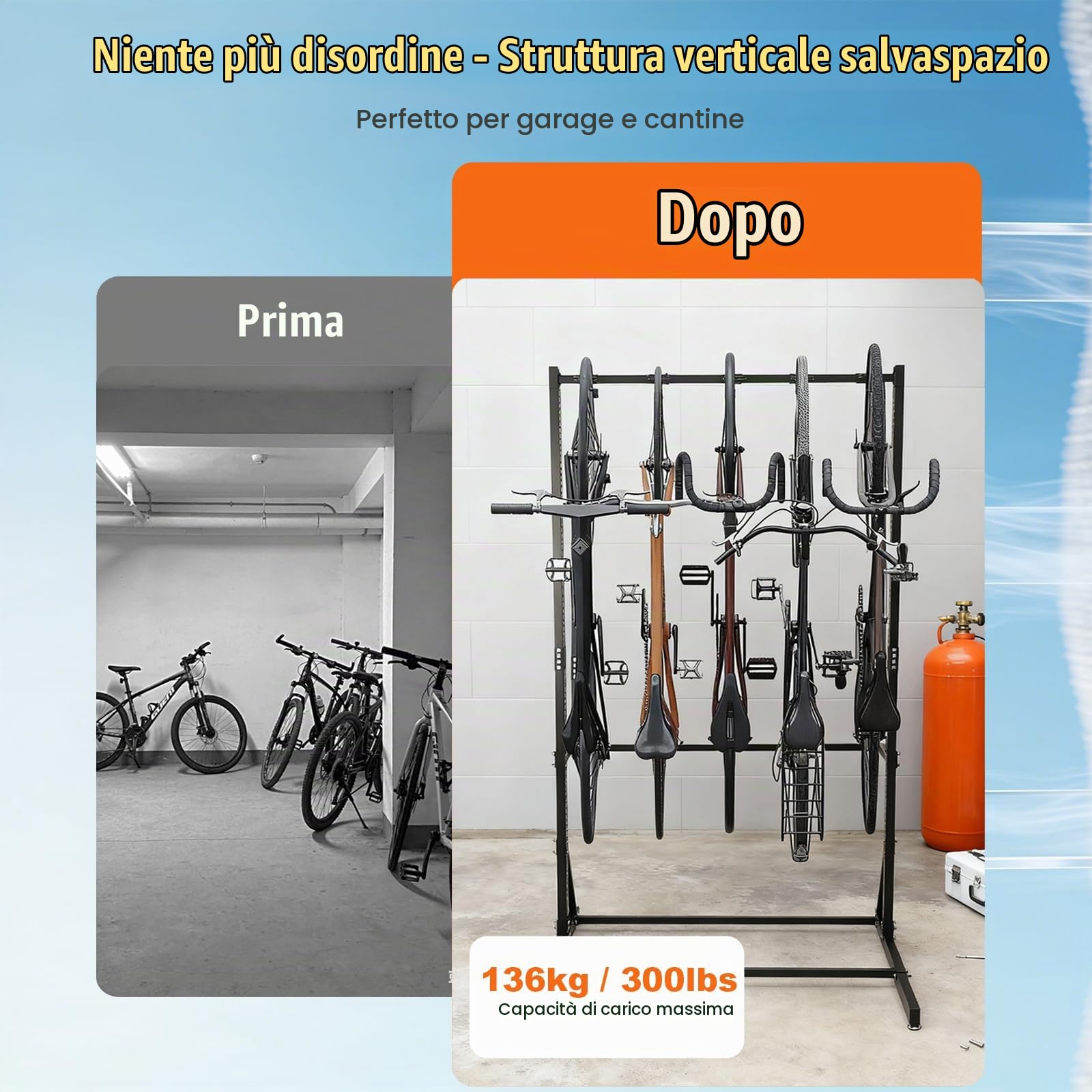 Portabici per 5 Biciclette, Capacità di Carico max 136 kg,Portabici da Terra Universale in Acciaio al Carbonio Verniciato a Polvere, Supporto Bici da Terra per Garage e Casa a Parete