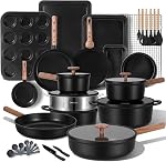 JEETEE 50-Piece Titanium Pots and Pan Set Non Stick, Cookware Set with 6pc Bakeware, Professional Pots and Pans Set for New Home Cooking, Induction & Oven Safe, PFAS Free, Mocha Brown