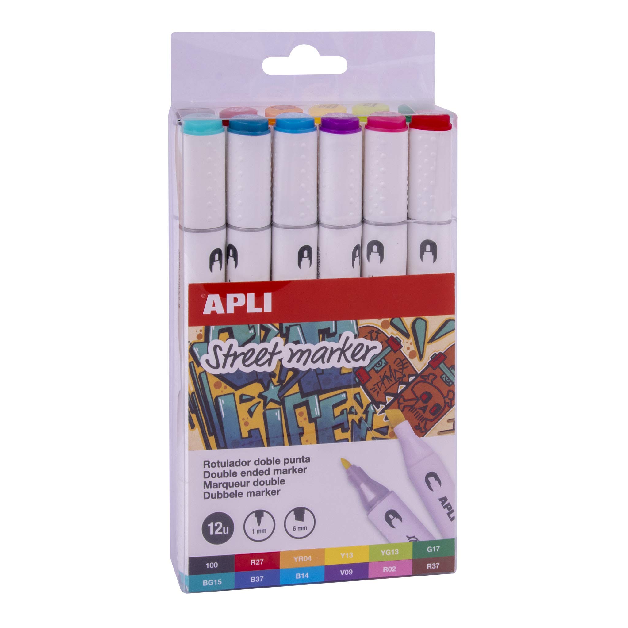 APLI 18432 - Pack de 12 rotuladores Street Marker de doble punta (redonda de 1 mm y biselada de 6 mm) de colores surtidos
