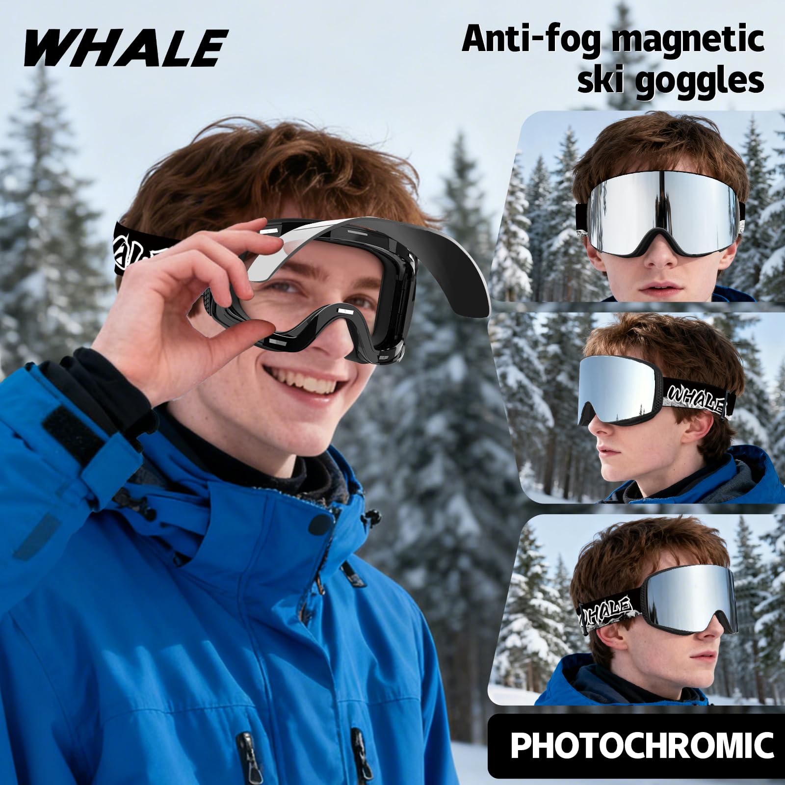 Whale Gafas de esquí magnéticas antivaho, gafas de snowboard para hombres, mujeres y jóvenes, gafas de nieve OTG polarizadas
