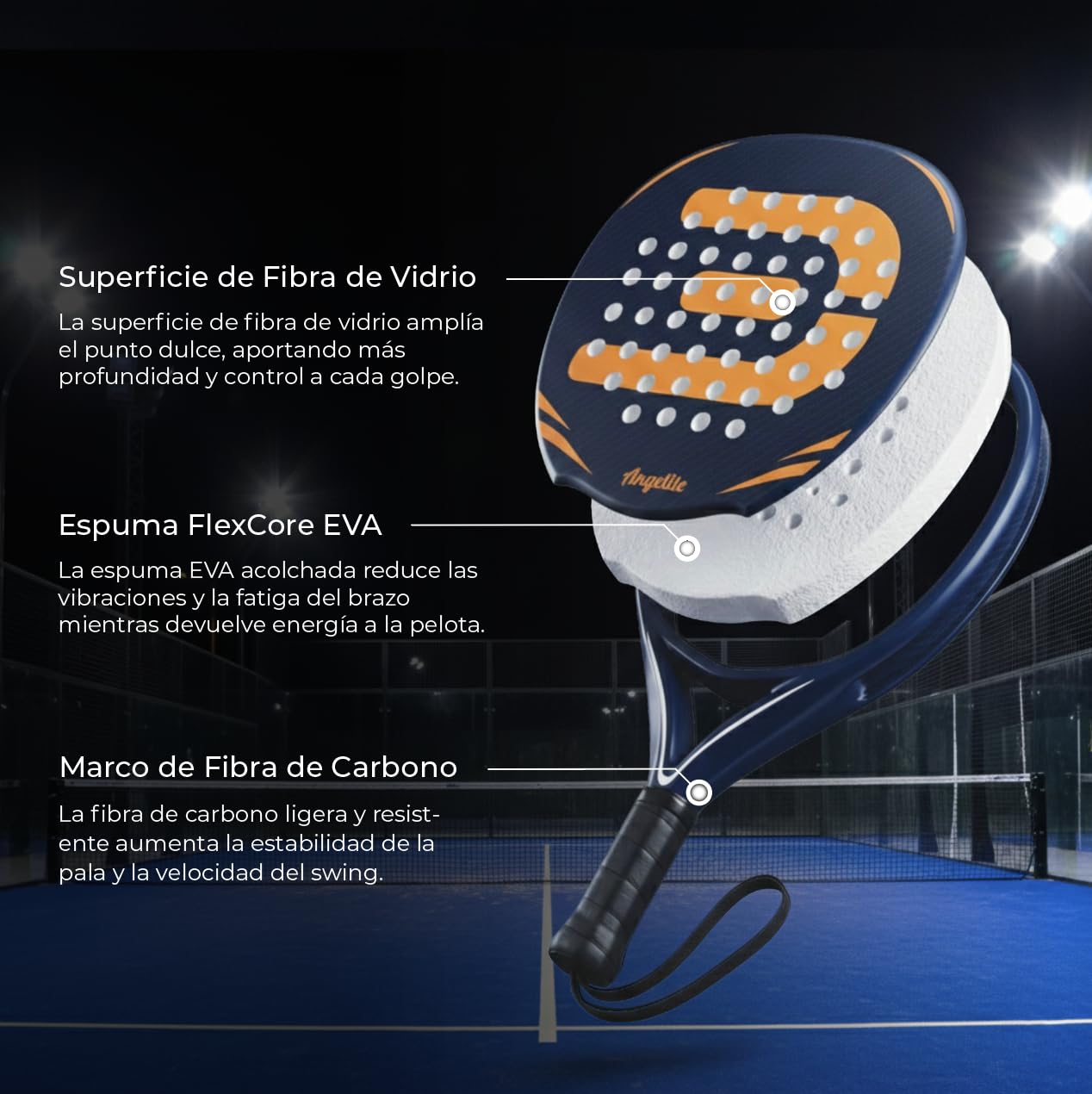 Pala de pádel Angelite AG1 con 2 años de garantía | Marco Ligero y Resistente de Fibra de Carbono de 360 g, Superficie de Fibra de Vidrio y Espuma EVA FlexCore para un Control máximo