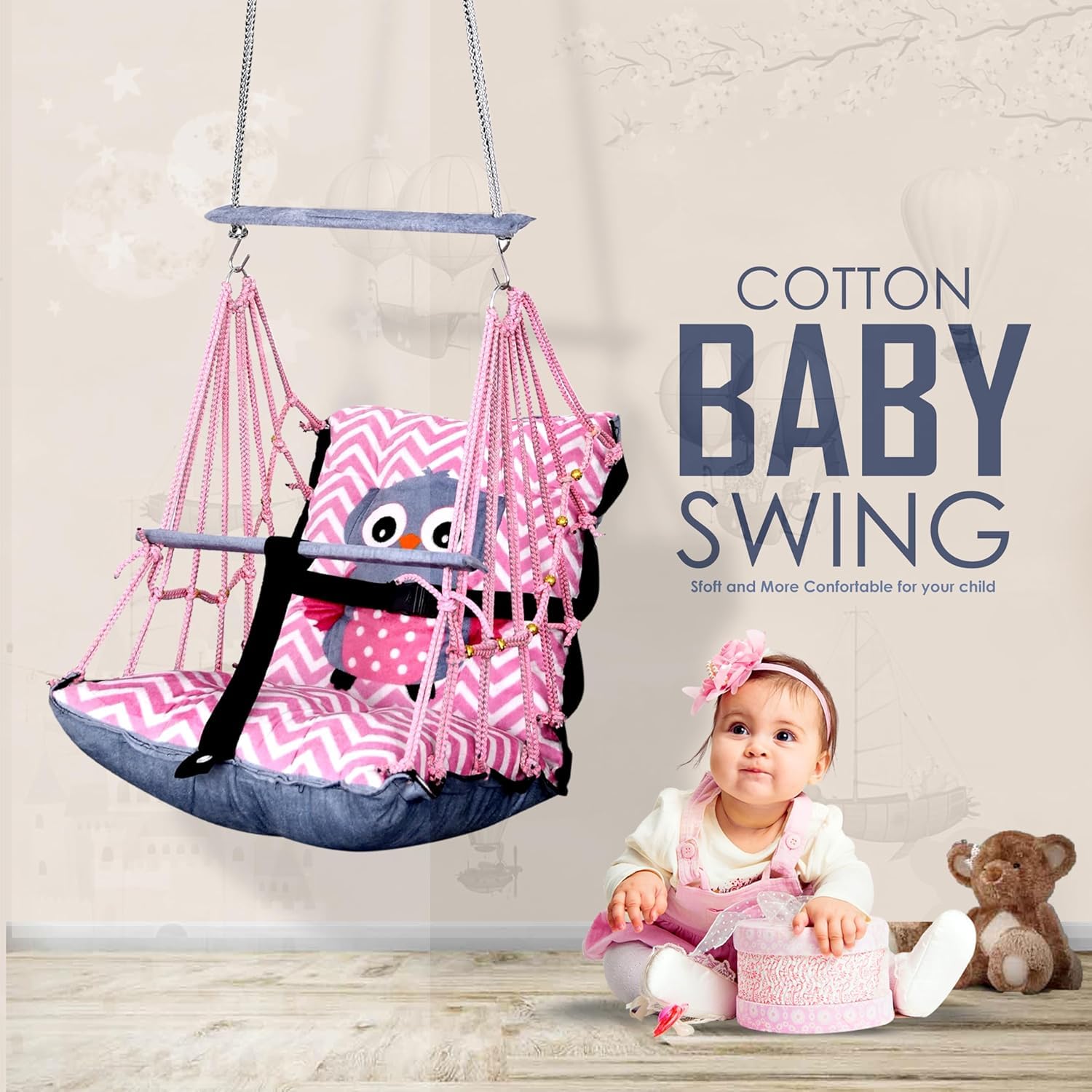 BOFFLE Cotton Swing for Kids 1-2 Years Baby Children Folding and Washable with Safety Belt, Indoor Outdoor Zula, Garden Jhula for Babies, Swing for Kids, oonjal, Swing for Baby Cradle