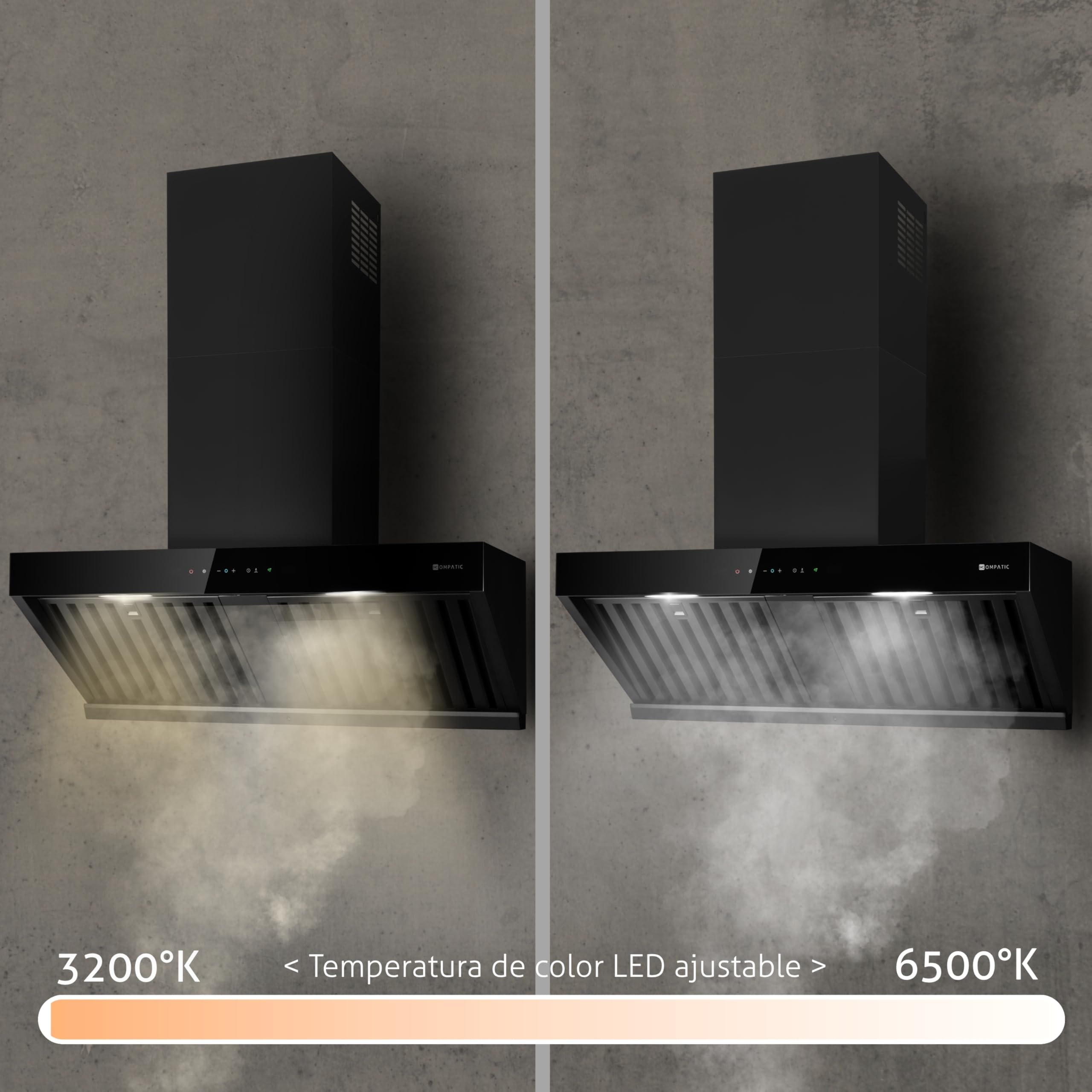 Campana extractora mural Kompatic Kori 90 KPKR90WB, 90 cm, 800 m³/h, clase A+++, control táctil y gestual, mando a distancia, Boost/Super Boost, negro mate.