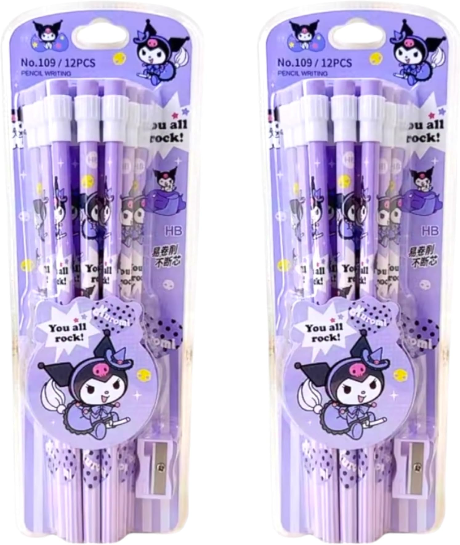 LIGHTER HOUSE Cutest KUROMI Pencil with Top Eraser and Pencil Sharpener, gifts for kids, Back to School Supplies for Students (Set of 02 Packs)