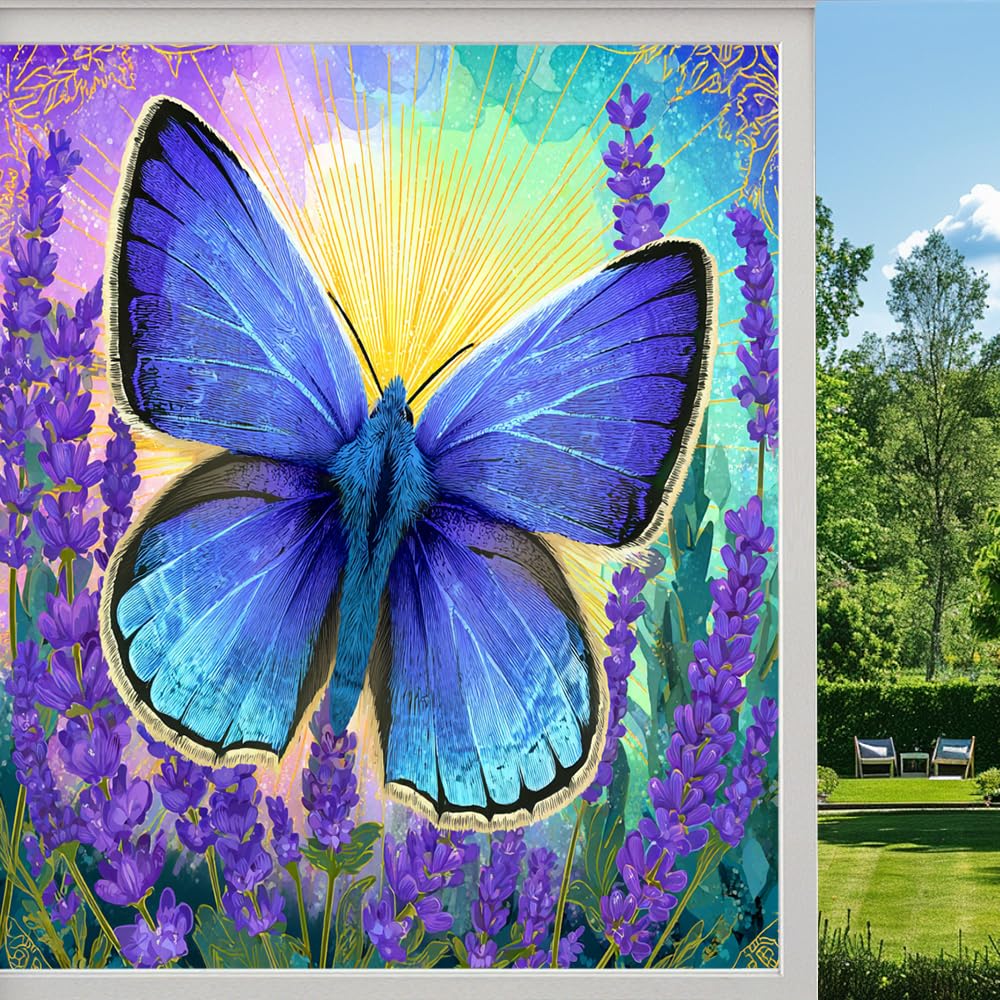 Floral Field Butterfly Privacy Window Film, Dreamy Lavender Flower Frosted Self-Adhesive Vinyl Cling for Glass Doors Bathroom Windows Sun Blocking Heat Control,（80x140cm）