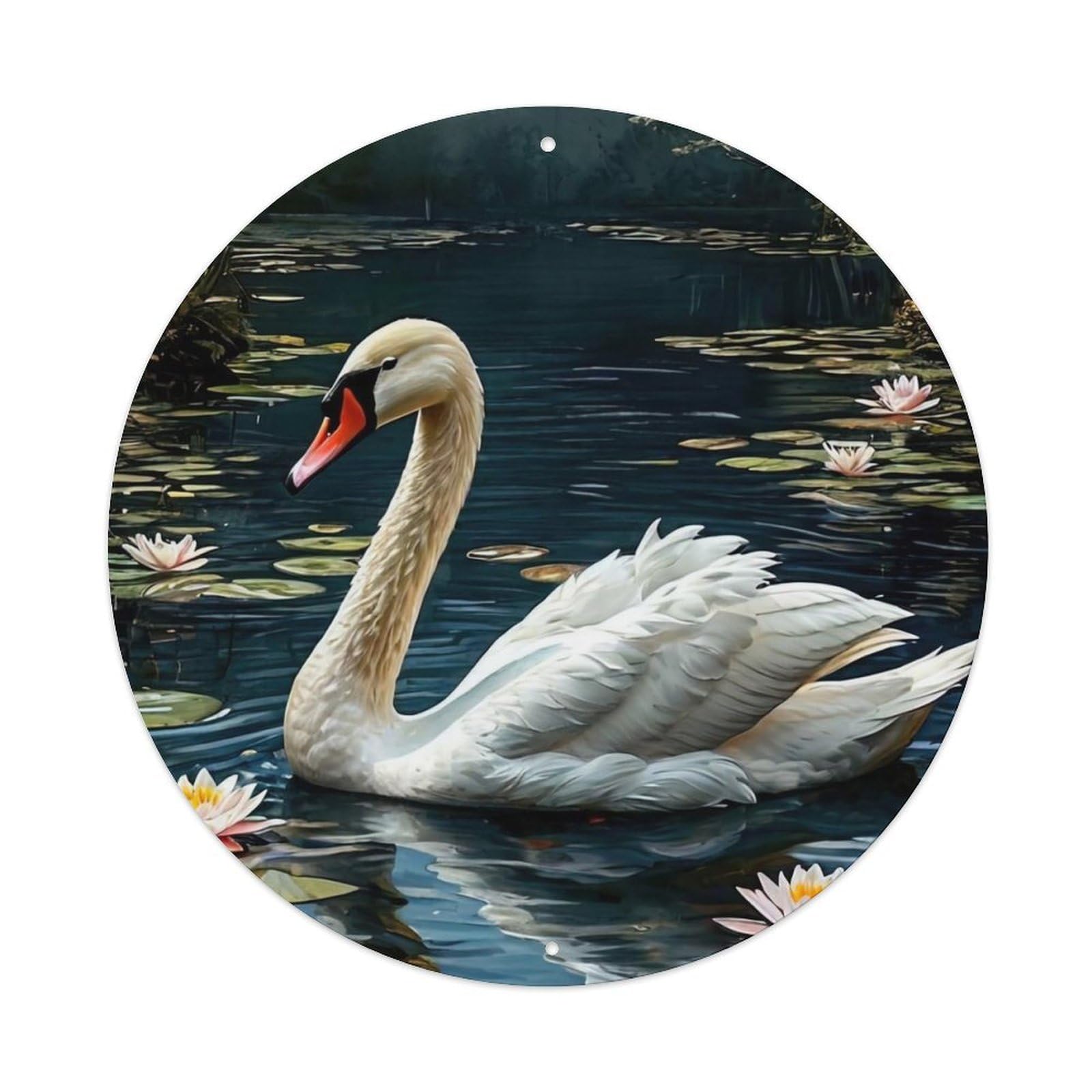 Wildlife Mute Swan Serene Lake with Pink Water Lilies And Misty Forest Vintage Metal Tin Sign Plaque Wall Decor for Cafe, Club Bar, Office, Garden Metal Poster 8x8Inch