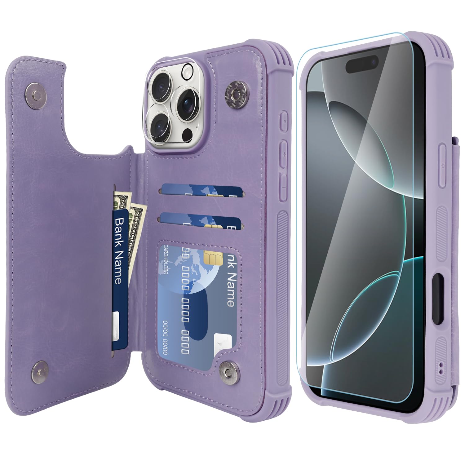 VANAVAGY Compatible for iPhone 16 Pro Wallet Case with Credit Card Holder,Rfid Leather Flip Folio Phone Cover Fits Magnetic Car Mount and Stand with Screen Camera Protector,Clove Purple