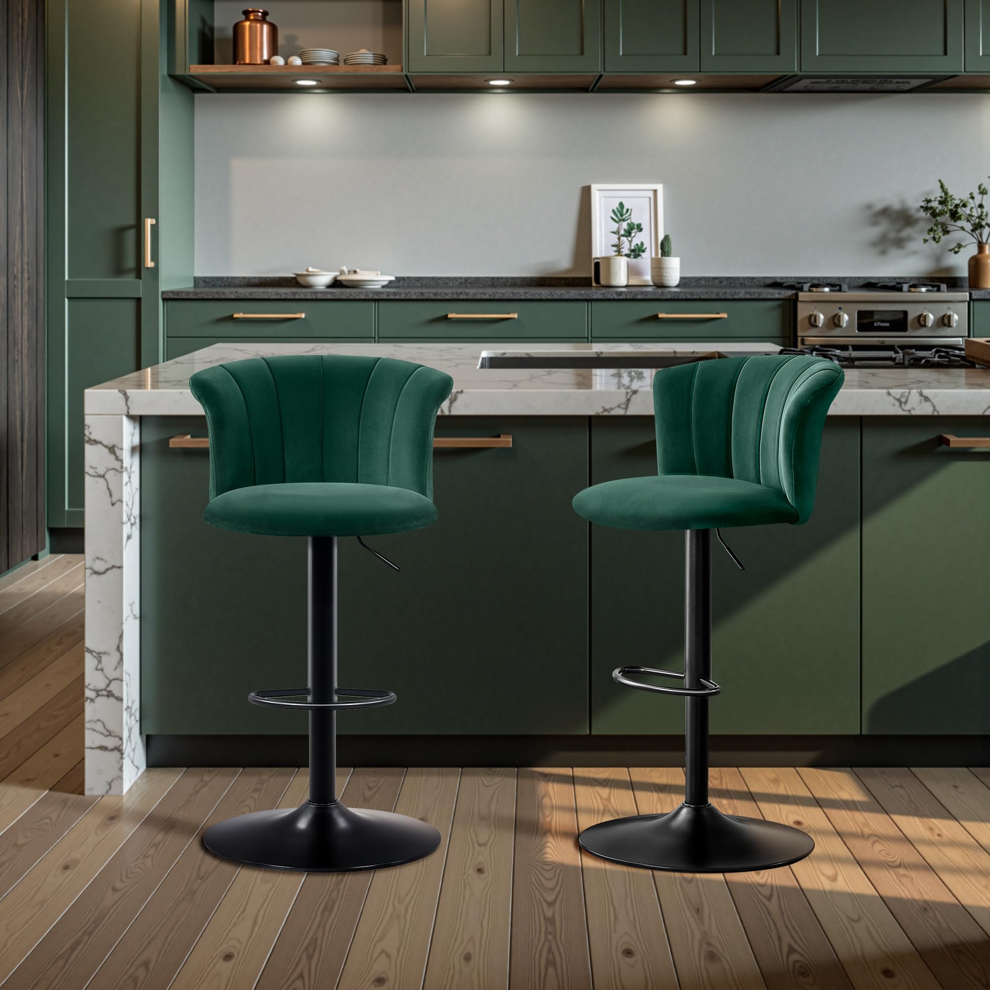 STOOLINK 2er Set Barhocker Höhenverstellbar Barstuhl Seidensamtstoff, Küchenhocker 360° Drehbar, Barhocker mit Lehne, Tresenhocker 150kg Belastbar für Küche, Esszimmer-Grün