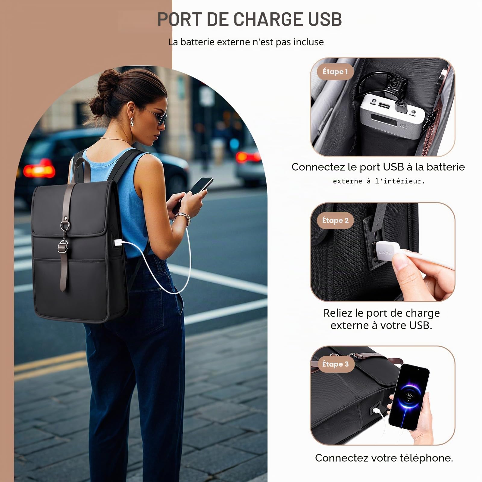 Sac à Dos Ordinateur 15.6 Pouces avec Port de Charge USB, Cartable Élégant pour le Travail, l'Université, les Cours, les Loisirs et les Affaires, pour Hommes et Femmes (14L) - Noir