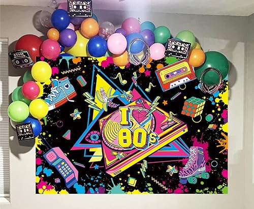 Miniatura 2 de PGSWEER Telón de fondo con texto en inglés "I Love 80's Retro Photo Backdropop Back to the 80's Record Player Neon Glow Background 1980's Disco Rock