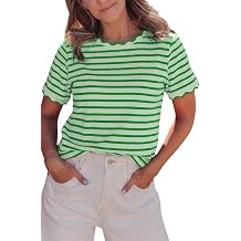 KevaMolly Womens Stripe Scalloped Trim Round Neck T Shirt Casual Soft Cotton Blend Breathable Tee Tops for Summer