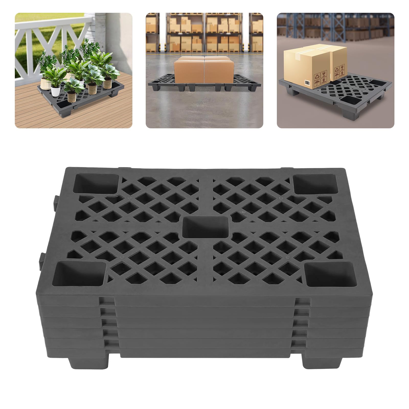 Set di 6 pallet in plastica, 60x40x10 cm Impilabili Pallet leggeri con fondo goffrato e chiusura a scatto per magazzino, logistica, esterno, cucina, ripostiglio, fino a 100 kg (Nero)