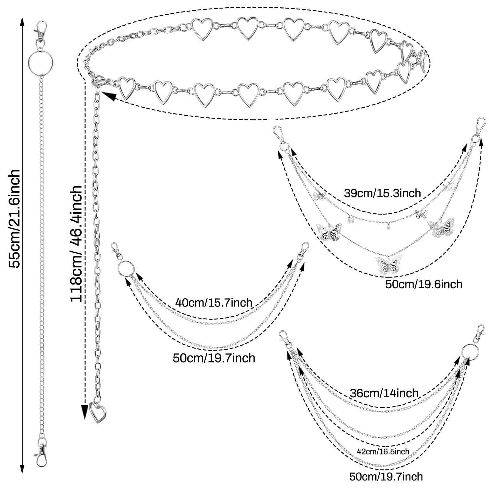 WQSOAFU Chain Belt, 5 Pcs Waist Chain for Jeans Pants Pocket Purse Chains Y2k Belt Punk Accessories, Body Belly Chains for Women Men (Silver Heart Butterfly)