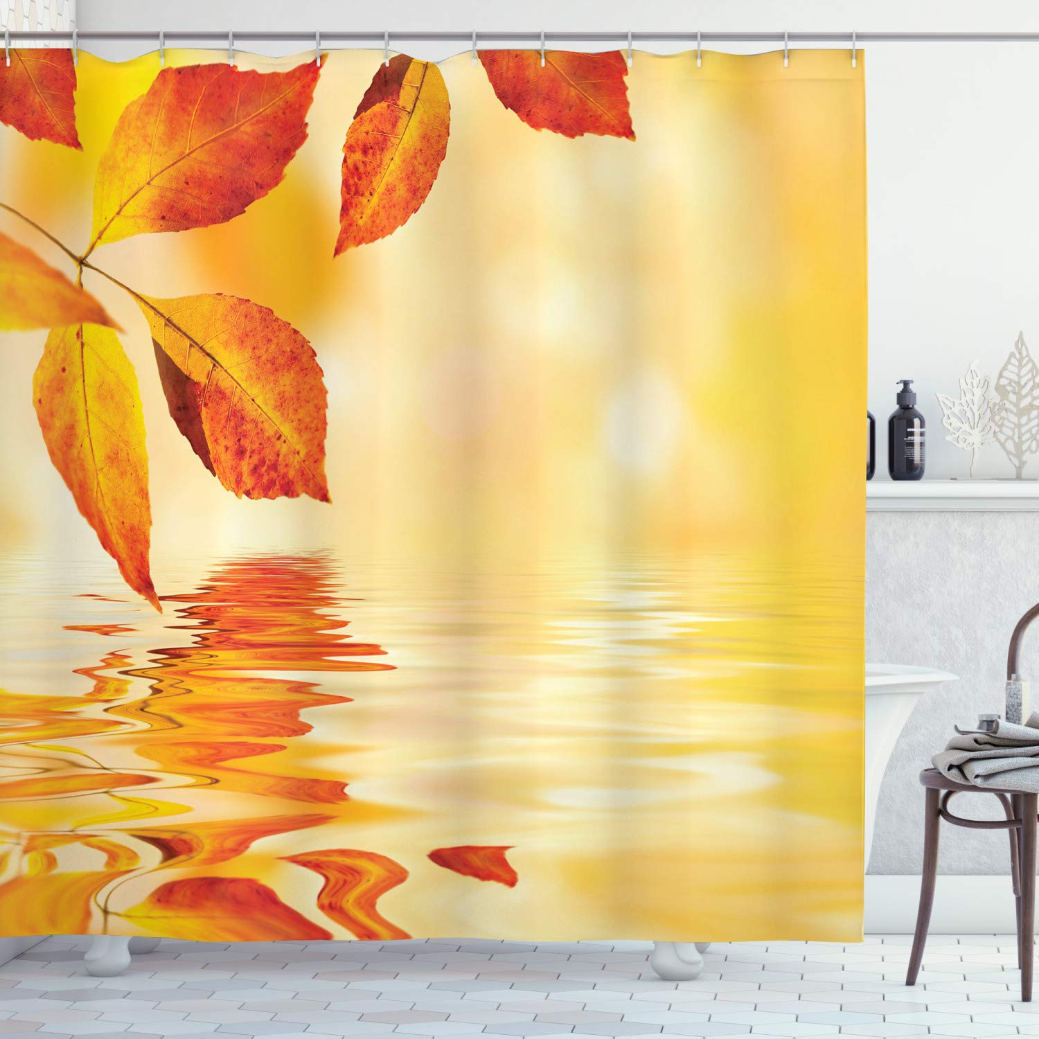 ABAKUHAUS Orange Shower Curtain, Autumn Maple Leaves Shadow on the Water Mystic Sun Image