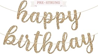 Pre-Strung Happy Birthday Banner - NO DIY - Gold Glitter Birthday Party Banner in Script - Pre-Strung Garland on 6 ft Strands - Gold Birthday Party Decorations & Decor. Did we mention no DIY?