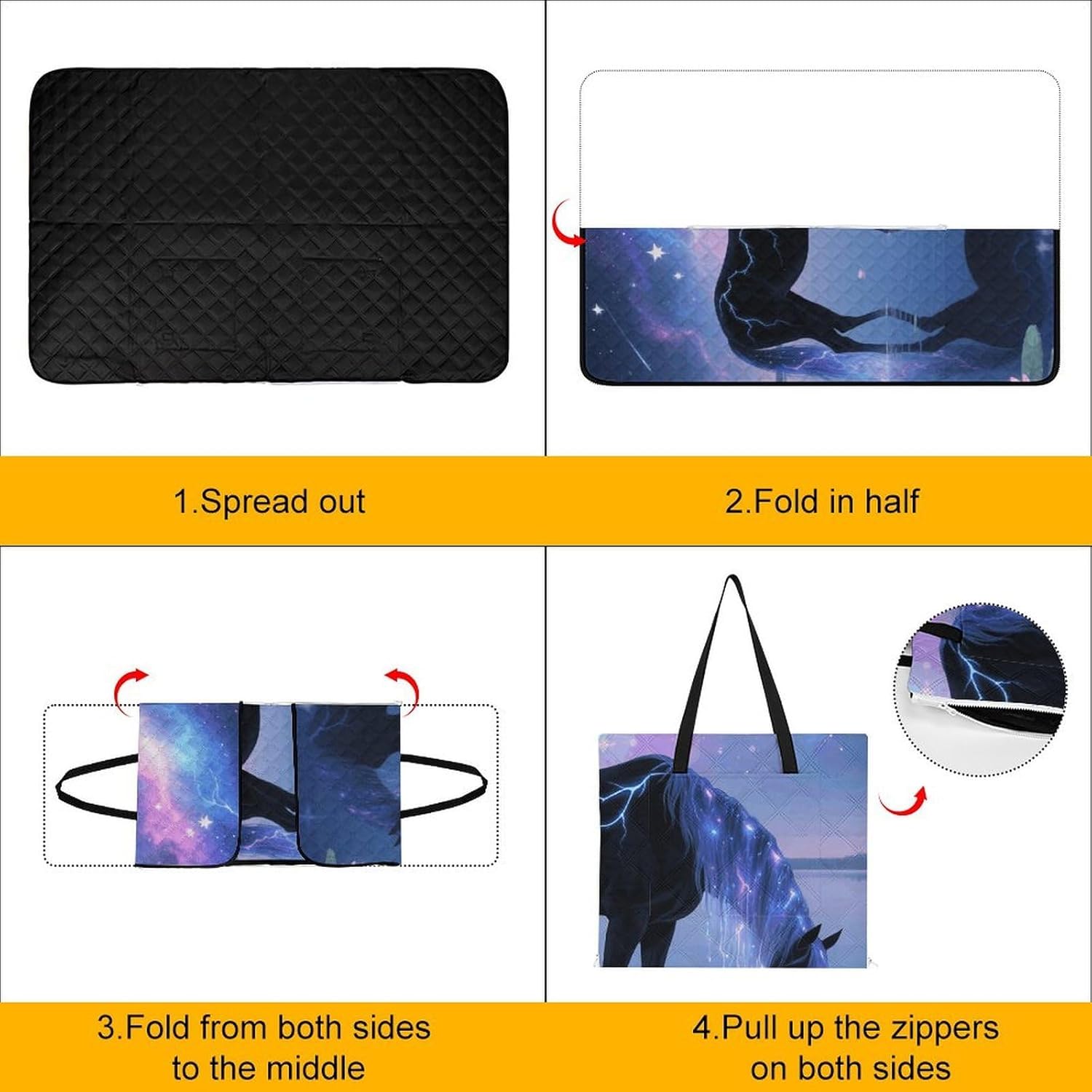 Galaxy Horse Picnic Blanket 150x100cm, Foldable 2-in-1 Picnic Mat and Tote Bag Portable Waterproof Beach Mat Sandproof Outdoor Blanket for Park, Hiking, Beach, Camping, Travel
