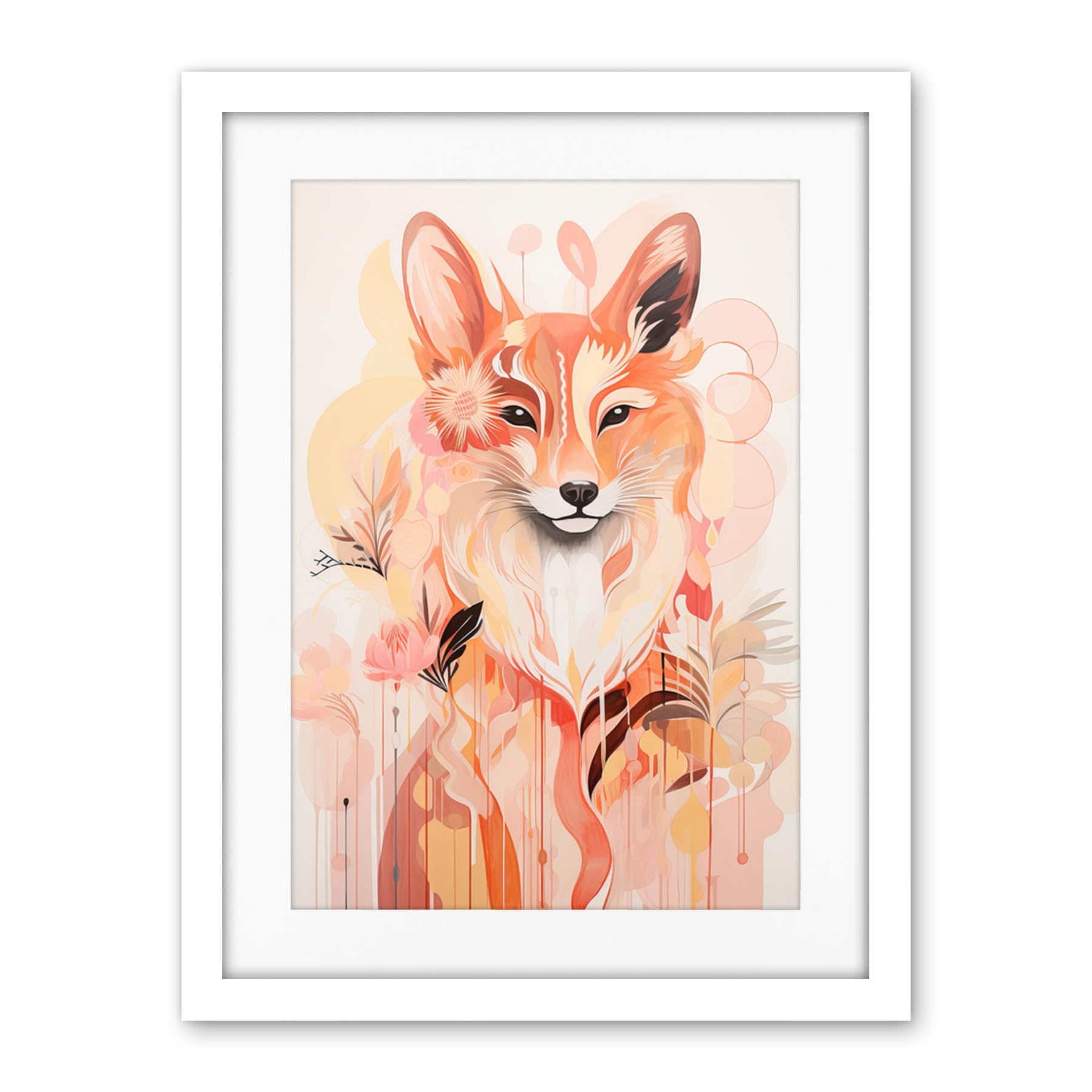 Artery8 Floral Fox Spirit Animal Boho Calm Pastel Colour Artwork Orange Pink Abstract Woodland Creature Flowers Artwork Framed Wall Art Print 18X24 Inch