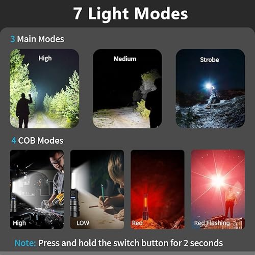 Miniatura 3 de Paquete de 2 linternas LED recargables, 90,000 lúmenes altos, luz de flash súper brillante, 7 modos con luz COB, IPX6 impermeable, linterna táctica