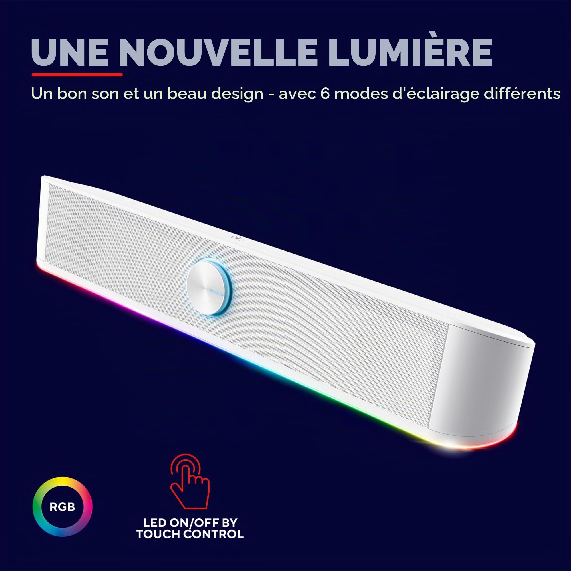 Trust Gaming GXT 619W Thorne Barre de Son RGB 12W, Enceintes Stéréo 2.0, Haut Parleur Compact avec Éclairage LED, Aux 3.5mm, Alimentation USB, Enceinte PC Gamer, Ordinateur Portable - Blanc